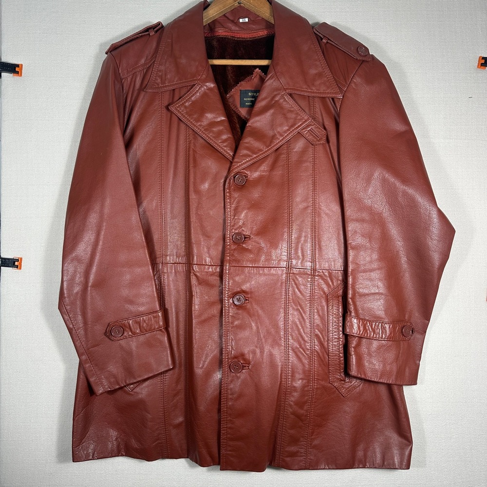 Vintage 1980s Stylepax Leather Trench Coat Men's 46 Brown Belted Lined Coat